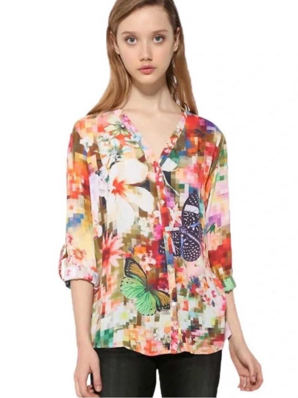 Desigual multicolor butterfly floral button down blouse